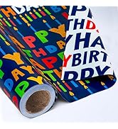 Yarcony Birthday Wrapping Paper,17InX33Ft,Blue Wrapping Paper Birthday Boy | Colorful Happy Birth...