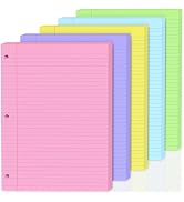 100 Sheets Colored 8x10.5 Inch Loose Leaf Paper, 5 Colored College Ruled 3 Hole Punched Notebook ...