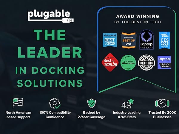 usb c hub multiport adapter graphic with Plugable leader text awards 4.9 stars and support icons