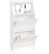 Haotian Slim Shoe Cabinet with Open Shelf and Hooks, Narrow Shoe Storage Organizer with Flip Draw...