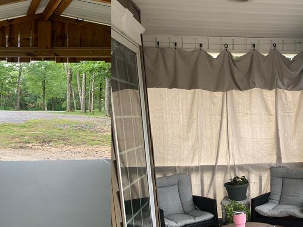 before and after of a patio door with a window curtain