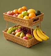 2 Tier Rattan Fruit Basket for Kitchen Counter with Banana Hangers | Detachable Handwoven Design ...