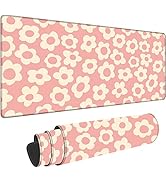 Gaming Desk Mat Large,Vintage Groovy Pink Flowers Extended Mousepad,Non-Slip Rubber Mouse Pad Sti...