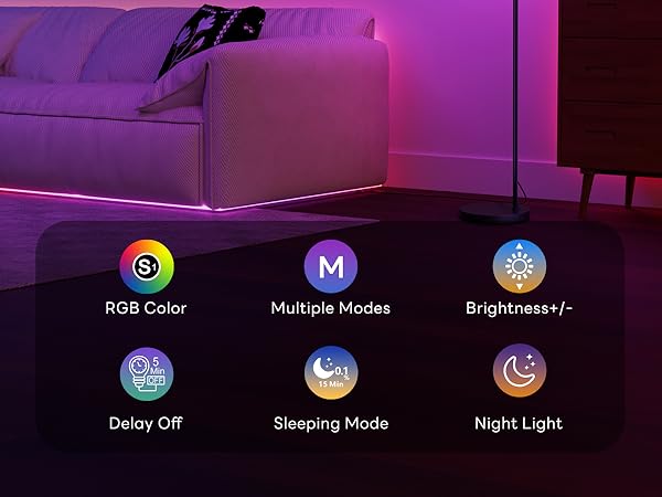 Text reads 'Dark Color', 'Sleeping Mode', 'Night Light', 'Delay Off', 'Brightness+/-'. Interface screens showing lighting control options with purple background.