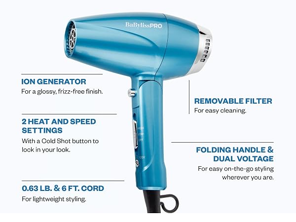 A blue dryer and black attachments diagram highlights folding handle, settings, and ionic care.