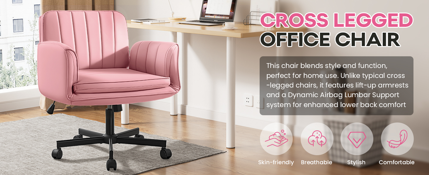 Criss Cross Chair with Wheels & Armrests, Criss Cross Office Swivel Chair, PU Leather Vanity Chair