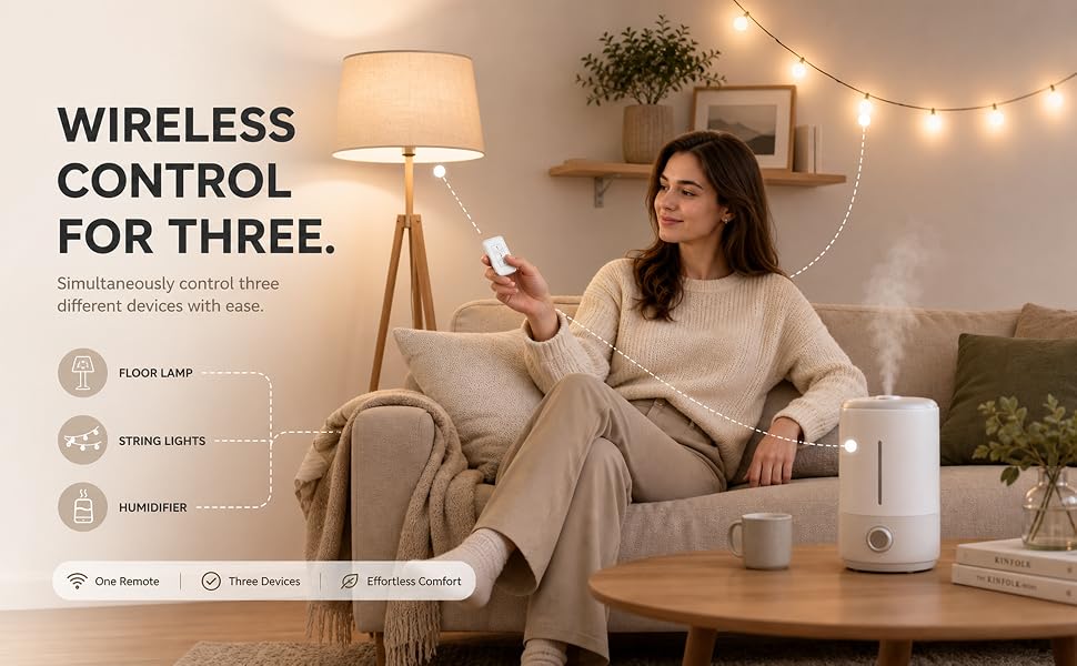 LoraTap remote control outlet kit, one remote controls 3 devices like lamps, lights & humidifiers