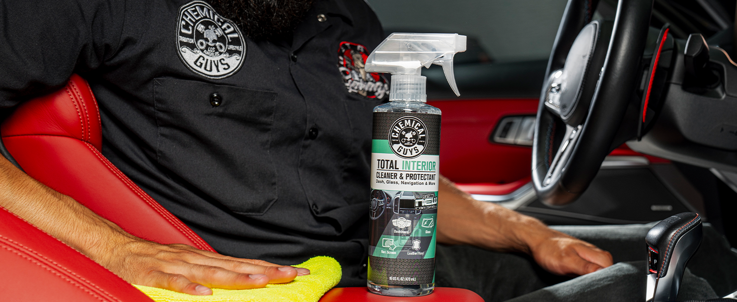 Quick interior cleaning with Chemical Guys Total Interior spray bottle