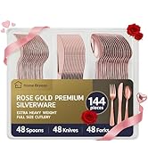 144 Pack Rose Gold Premium Heavy Duty Plastic Silverware, 48 Forks, 48 Knives, 48 Spoons, Perfect...