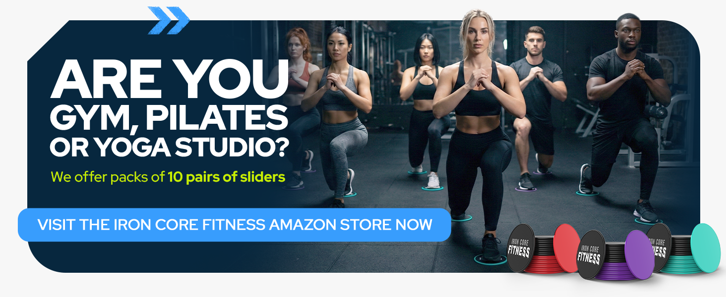 Text reads 'ARE YOU GYM, PILATES OR YOGA STUDIO? VISIT THE IRON CORE FITNESS STORE NOW'. Group fitness scene with exercise equipment on floor.