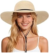 Senker Fashion Sun Hats for Women, Wind Lanyard Wide Brim Straw Hat for Summer Beach Garden Vacat...