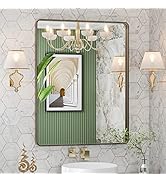 LOAAO 28”X36” Bronze Bathroom Mirrors for Vanity, Rounded Rectangle Brushed Bronze Metal Frame Mi...