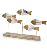 ZENFUN 5 Pc Wooden Fish Table Decor, Summer Ocean Tabletop Centerpiece, Sea Animal Sculpture Stat...