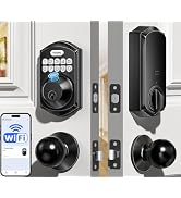 TEEHO TE012W-K WiFi Smart Keyless Entry Door Lock with Handle, Fingerprint Door Knob & Digital Ke...