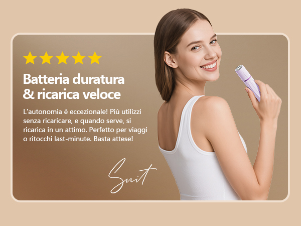 Text reads 'Batteria duratura' and 'Si ricarica veloce'. Marketing banner showing beauty-related product with warm brown tonal background.