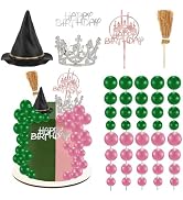 44 Pieces Pink and Green Cake Decorations with Mini Black Witch Hat, Silver Crown, Broom, Balloon...