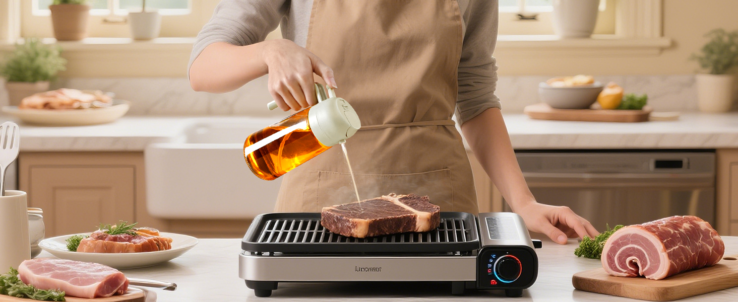 Portable electric grill on kitchen counter. Person pouring oil on meat. Raw meats nearby. Grill features adjustable temperature control and non-stick grilling surface.