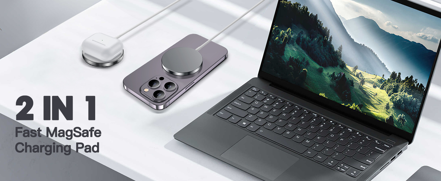 Text reads '2 IN 1 Plus Magnetic Charging Pad'. Product shown with laptop displaying nature scene, alongside magnetic charging accessories in minimalist gray/white setting.
