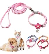 Pink XXS Dog Collar with Bell Set, Soft Flower Dogs Leash Cute Floral Cat Collars Adjustable Buck...