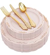 DaYammi 150Pcs Pink Plastic Plates with Gold Rim,Fancy Pink Disposable Dinnerware Set with Gold C...