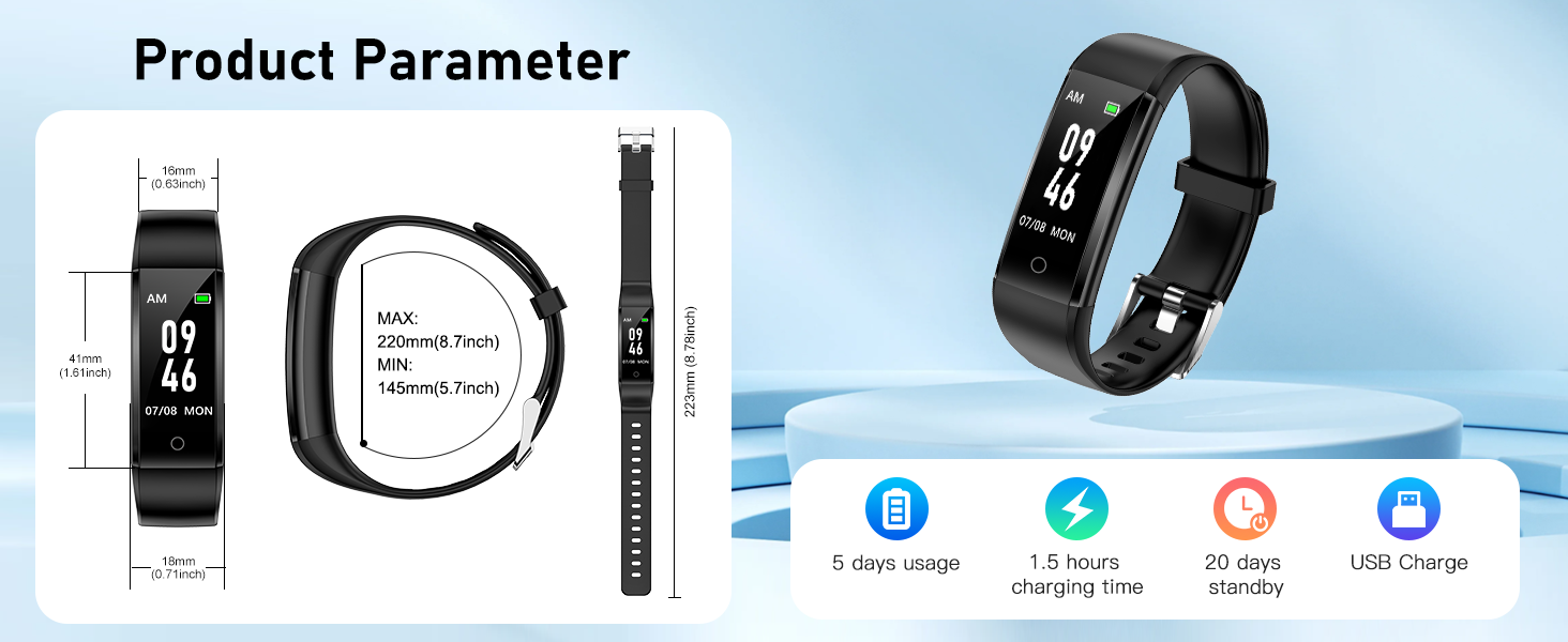 Smart fitness tracker with black band showing product dimensions and interface icons for sleep, activity, GPS, and message notifications on blue background.