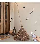 6FT Lighted Witch Broom for Outdoor Halloween Decorations, Handmade Real Twig Broomstick with LED...