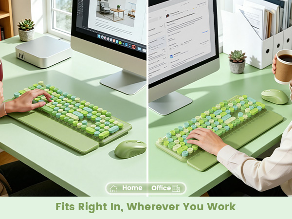 Green Multi-Color retro keyboard and mouse with wrist rest for home or office.