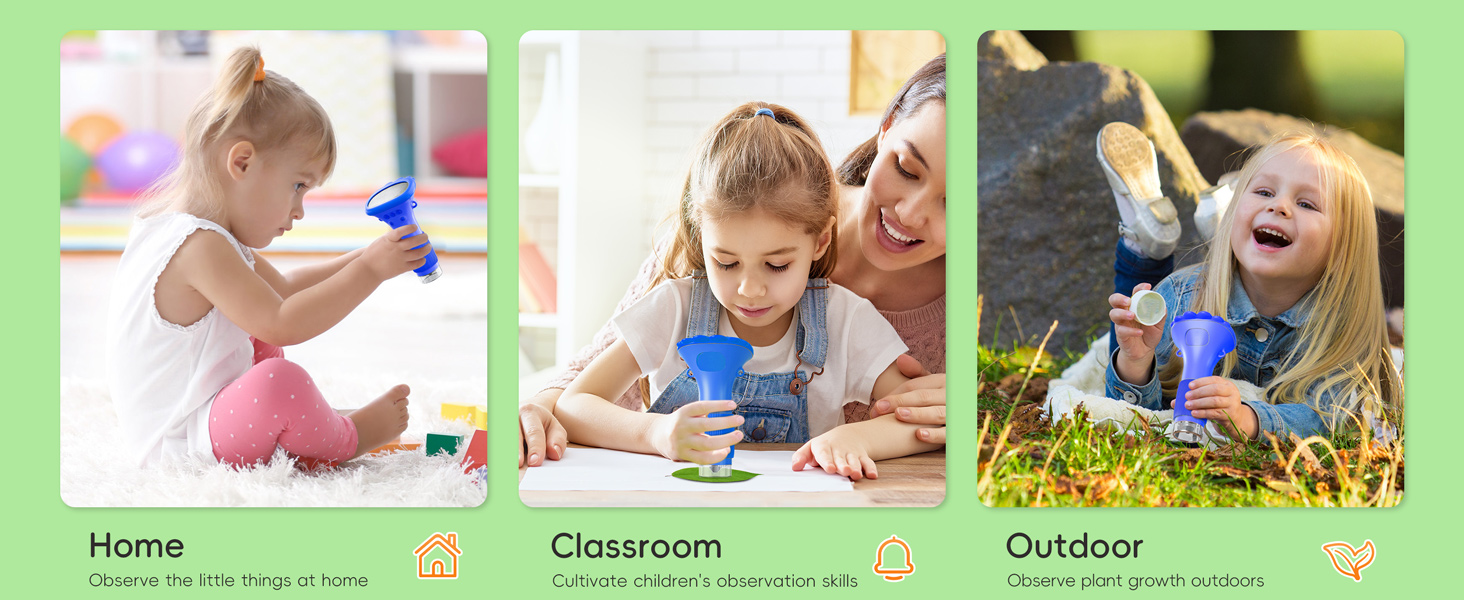 Series of photos showing children in various learning environments including home, classroom, and outdoor settings. Green frame borders around each image.
