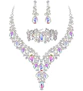 BriLove Women's Wedding Bridal Austrian Crystal Teardrop Flower Cluster Statement Necklace Dangle...