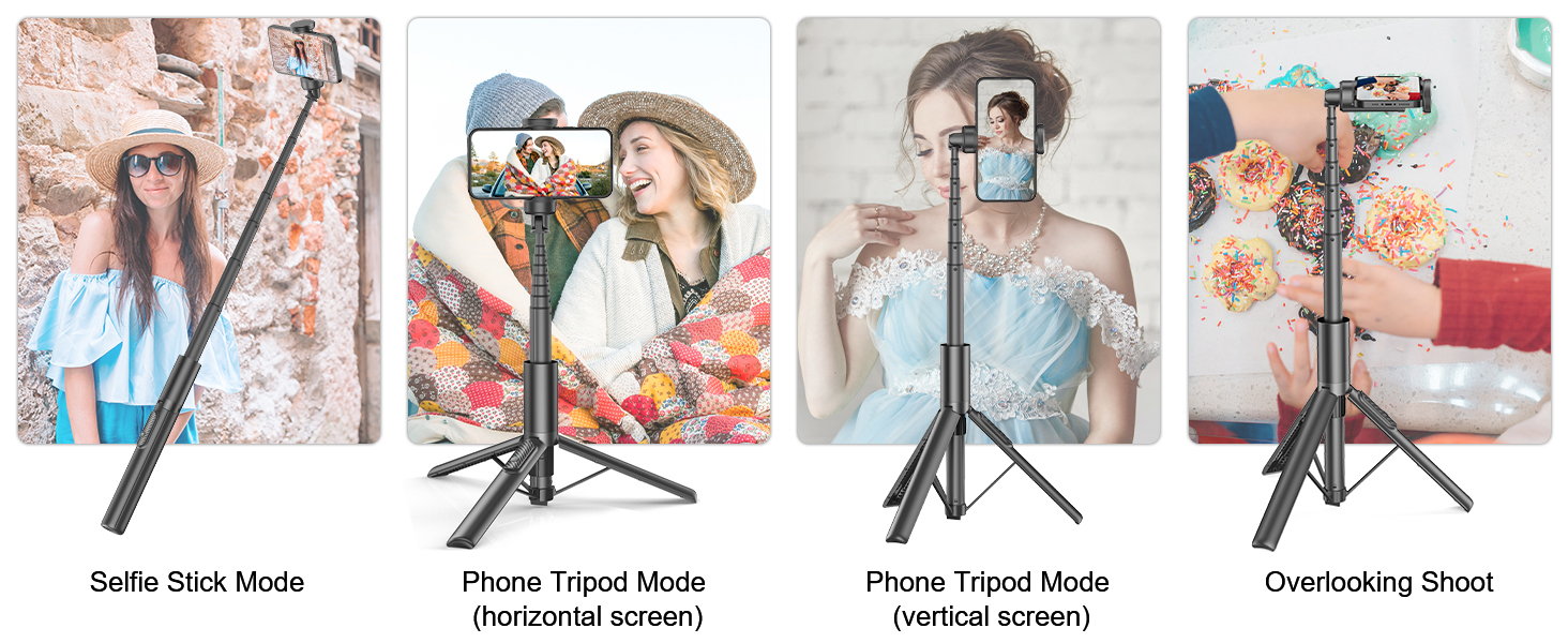 Four-panel product demonstration of an adjustable phone tripod stand showing different photography modes and positions for taking photos.