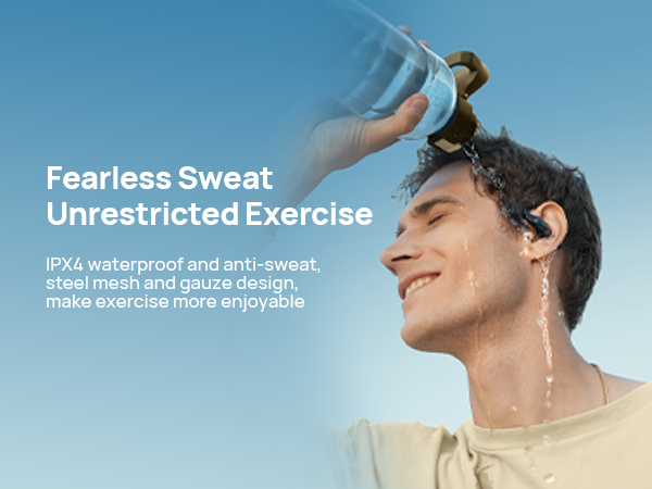 Text reads 'Fearless Sweat Unrestricted Exercise'. Shows waterproof exercise product promotional images with blue background.