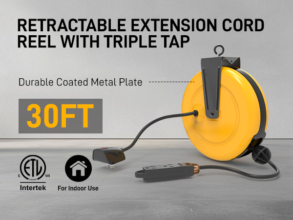 30FT RETRACTABLE EXTENSION CORD REEL WITH TRIPLE TAP