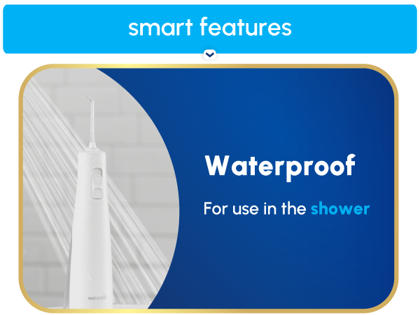 Image of Waterpik Cordless water flosser in shower & text that says waterproof for use in the shower