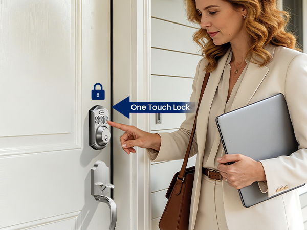 Keypad door lock with quick 2-second one-touch locking for fast exit and secure front door use