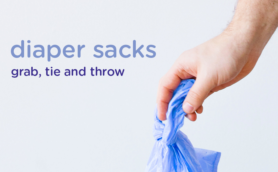 diaper sacks: grab tie and throw. a hand holding a diaper sack comes out of the top right corner