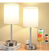 Touch Lamps for Bedrooms Set of 2 White - 3 Way Dimmable Bedside Lamp with USB C and A Ports and ...