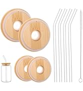 4 Pack Bamboo Lids for Glass Cups with Straw Hole
