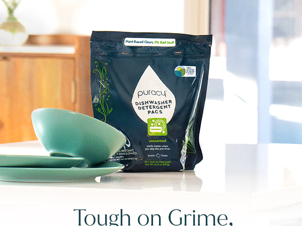 Puracy dishwasher detergent pacs. Tough on grime, gentle on ceramic pots, pans, and glassware.