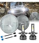 HMCYCI 7" Inch H6024 Round Headlight Sealed Beam Glass Housing + H4/9003 LED Headlight Bulbs,Inte...