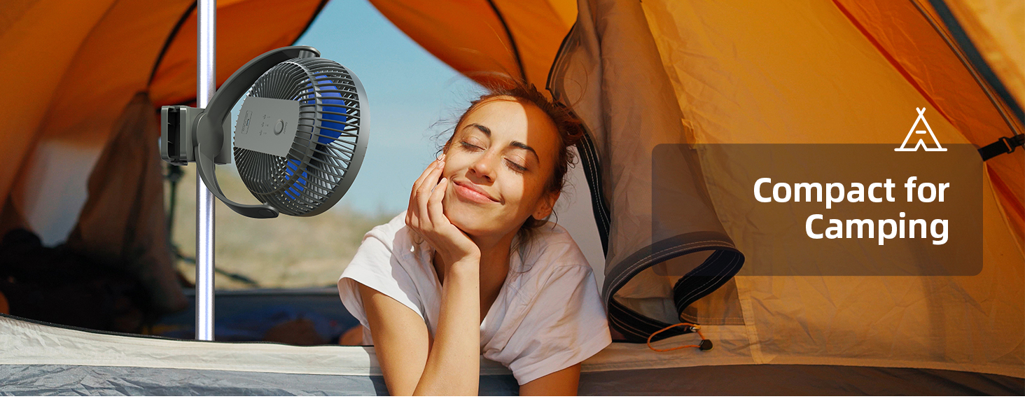 Portable camping fan mounted inside an orange tent, with 'Compact for Camping' text overlay. Blue fan blades visible against tent interior.