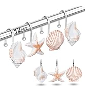 Shower Curtain Hooks Rings, 12PCS Anti Rust Seashell Decorative Resin Hooks for Beach Bathroom, B...