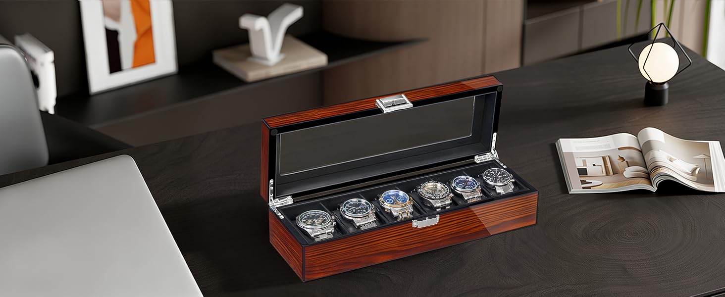 BEWISHOME Watch Box, 6 Slot Mens Watch Case, Watch Storage Organizer for Men, Watch