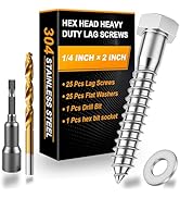 Xpokcai 25 Sets 1/4" x 2" Hex Head Lag Screws for Wood, Hex Head Lag Bolts,304 Stainless Steel 18...