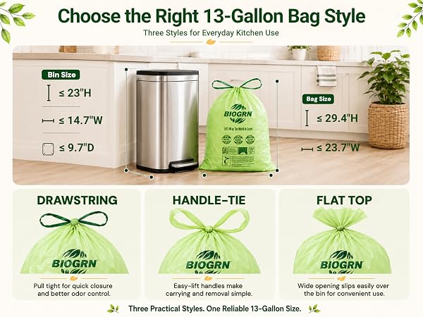 Drawstring, handle-tie, and flat-top 13 gallon bag styles.