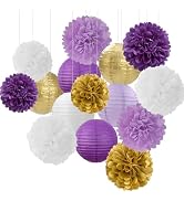 Purple White-Gold Party-Decorations Paper Flowers Lanterns - 15PCS Graduation Lavender Tissue Pom...
