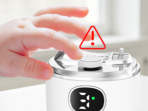 Close-up of hand holding white ring-shaped plastic component with warning symbol graphic overlay. Black digital display visible below ring showing numerical information.