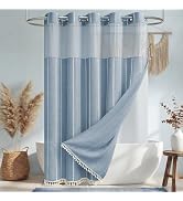 BTTN Blue Ringless Shower Curtain with Snap in Liner, Modern Luxury Boho Chic Linen Fabric Bathro...
