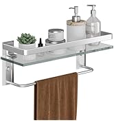 Danpoo Bathroom Wall Shelf with Towel Bar, Clear Tempered Glass, Hand Towel Holder (Matte Silver)