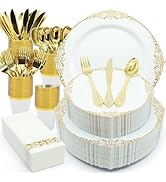 AIRE 175PCS Gold Plastic Plates for Party Supplies Dinnerware Sets for 25 Guests, Vintage Disposa...