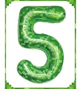 Calmi 40 Inch Giant Green Pixel Miner Theme Number Foil Balloons, Numbers 5 Available, Large Mini...